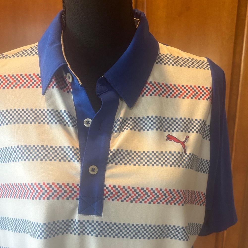 Puma Men’s White Polo with Blue Collar and Red Accent Stripes - Picture 2 of 6